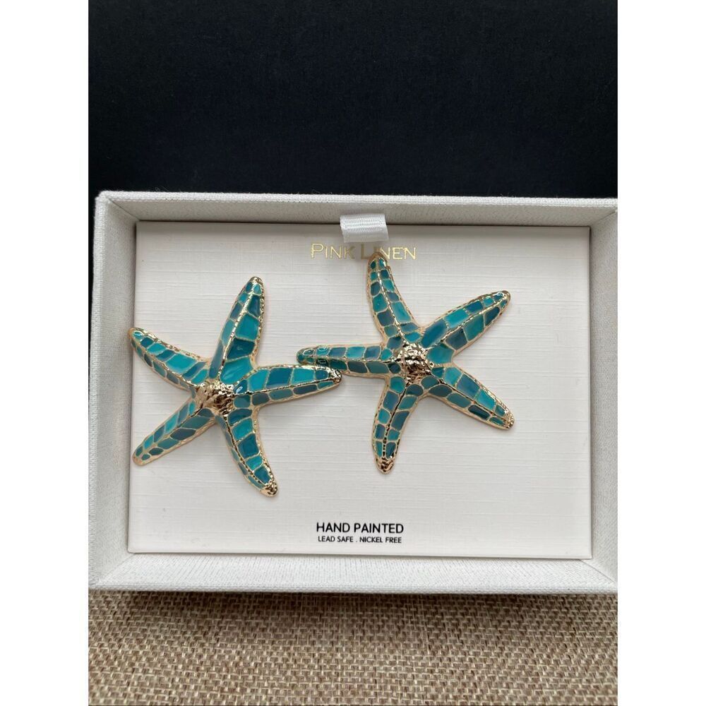 Pink Linen Starfish Hand painted Earrings Blue